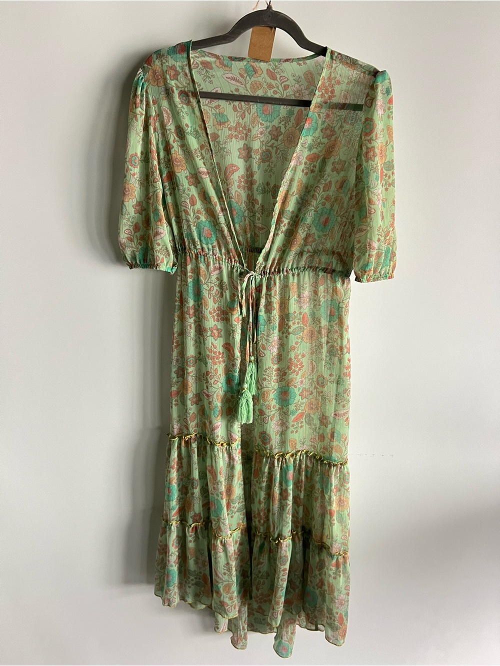 Sheer Light Green Floral Tie-Waist Maxi Dress